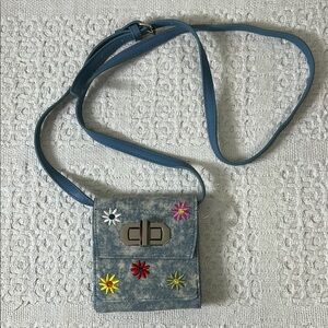 No boundaries Floral Embellished Blue Denim micro mini Crossbody Bag Wallet